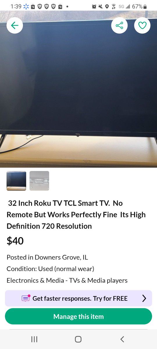 TCL Smart TV  32 Inch. Works Great No Scratch Like New But No Remote