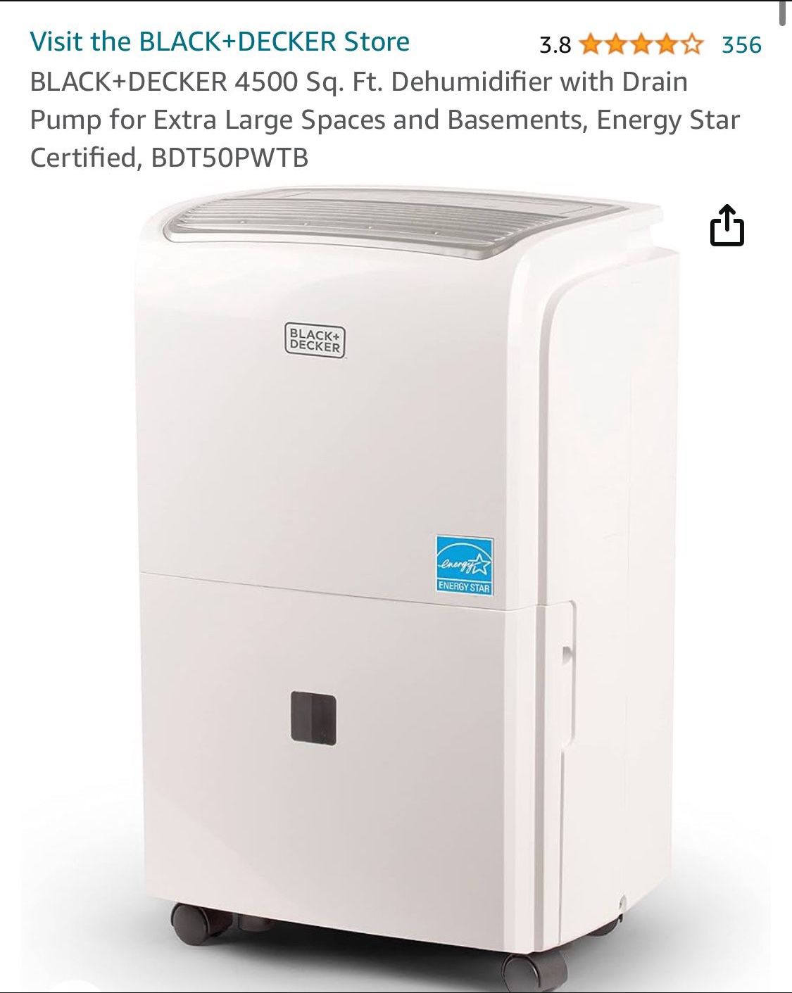 BLACK+DECKER 4500 Sq. Ft. Dehumidifier With Drain Pump For Extra Large Spaces And Basements, Energy Star Certified, BDT50PWTB 4500 + Sq. Ft