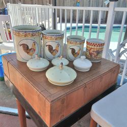 Beautiful Stone Ware Rooster Canisters 