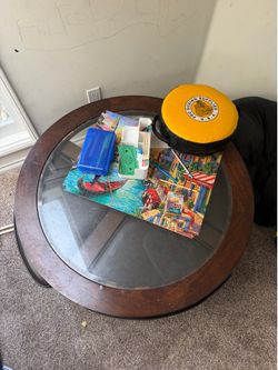 Round Dark Wood Coffee Table with 3 Matching Stools