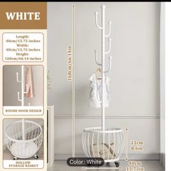 Multipurpose Metal Coat Rack with Storage Basket, 2-in 1 Garment Rack, Multifunctional Clothes Hanger, Movement and Positioning Casters, Freestanding 