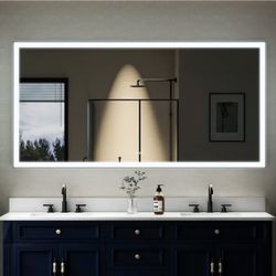 WELLFOR RECA Large LED Mirror 72-in x 36-in Framed Rectangle Dimmable LED