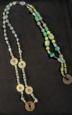 Vintage Jade Green Chinese Cash Coin Omg Rope Statement Necklace