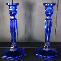 Pair Of 2 Vintage Fenton Cobalt Blue Taper  Candlestick Holders 8.5" Tall.