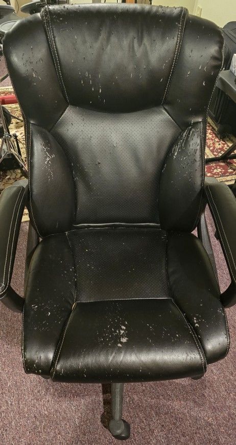 Computer office chair scratched by naughty kitty.