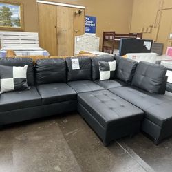 Black Leather Sectional Sofa With Storage Ottoman