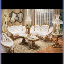 VICTORIAN LOOK WHITE WITH GOLD FINISH LIVING ROOM SET (6 PC)