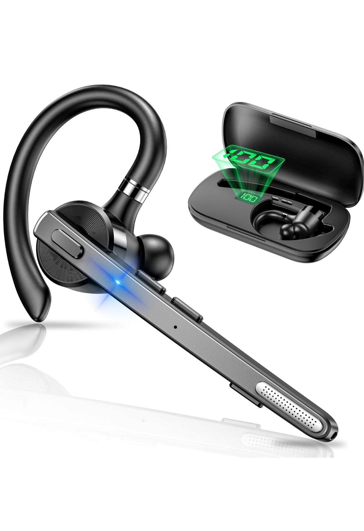 Bluetooth Headset, Wireless Bluetooth Earpiece with 500mAh Charging Case 72H Talktime ENC Noise Cancelling Microphone for Cell Phone Call V5.1 Hands-F