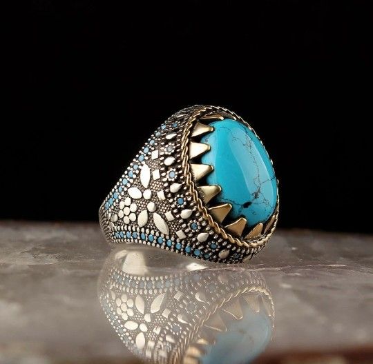 Size 7 Natural Turquoise Blue Stone Vintage Ring 925 Silver Plated For Men