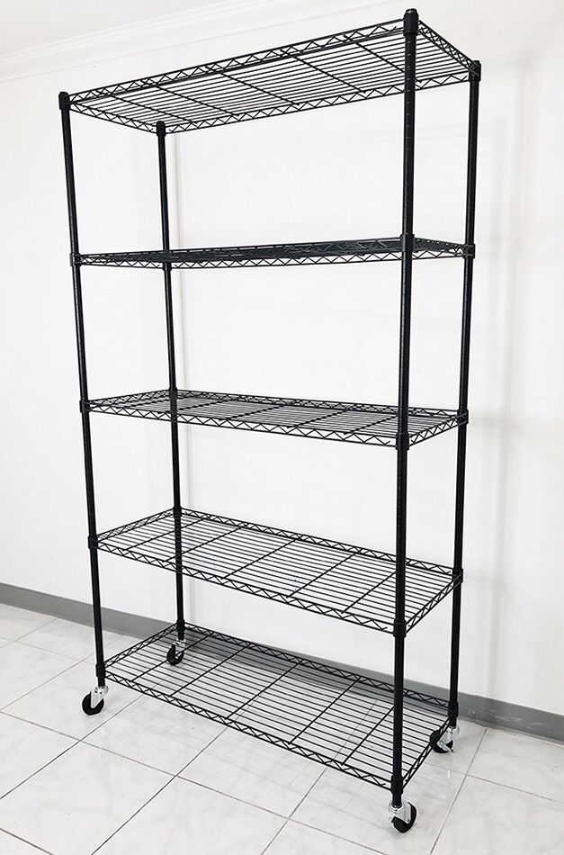 $90 NEW Metal 5-Shelf Shelving Storage Unit Wire Organizer Rack Adjustable w/ Wheel Casters 48x18x82”