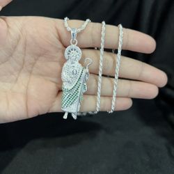 925 Sterling Silver Men Women St Jude San Judas CZ Pendant & Rope Chain