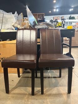 Set of 2 – 36.5” Brown Faux Leather Dining Chairs with High Back & Black Wood Legs