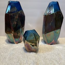 Vickerman Blue Petrol Geometric Vase Cobalt Glass Iridescent 3 Piece Set