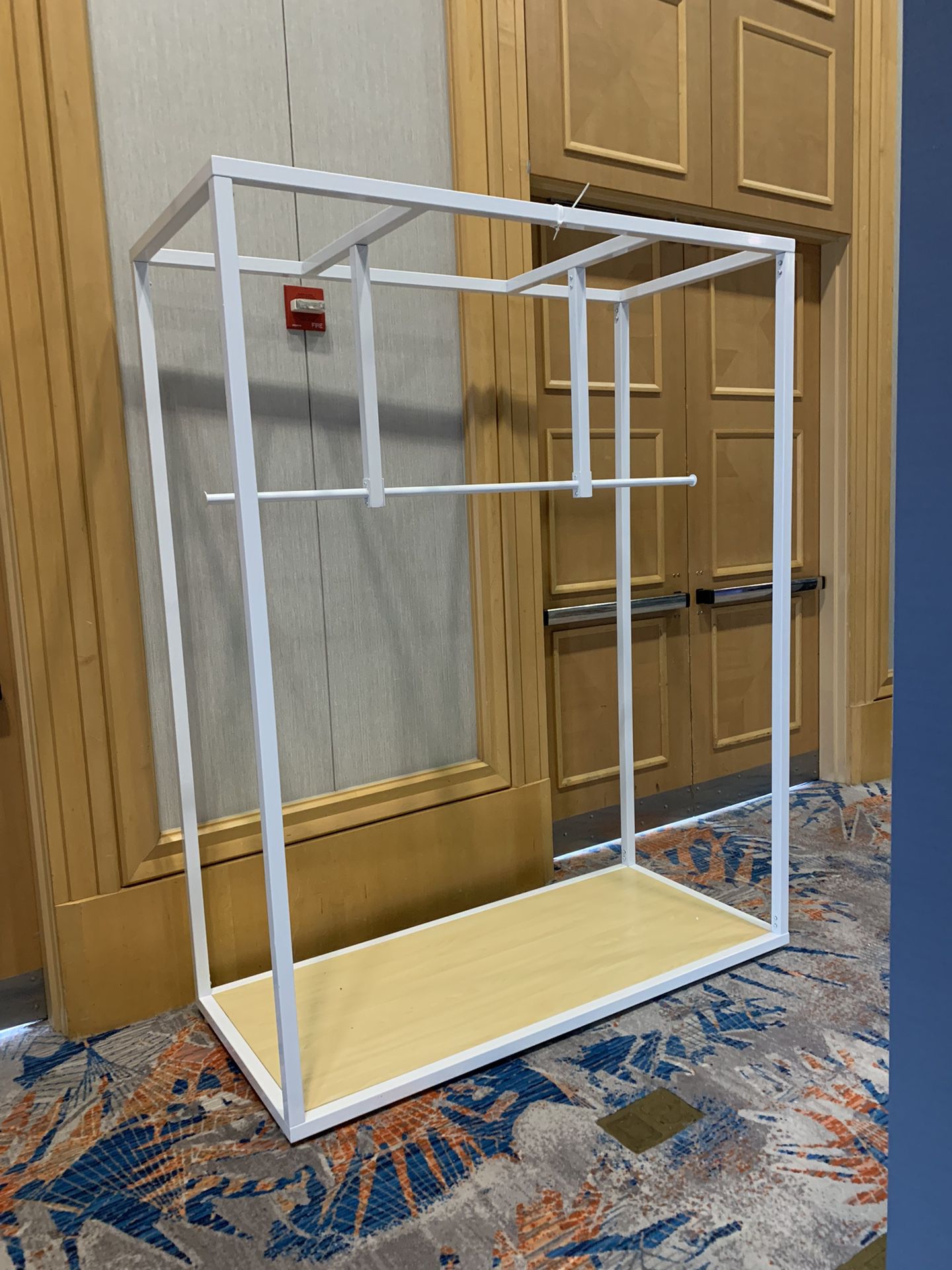 Clothing rack with steel frame, Maple finish MDF base & partitioned rail