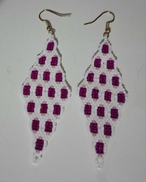 Pink And White Beaded Brick Stitch Earrings