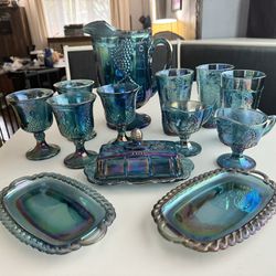 Vintage Blue Carnival Indiana Glass Harvest Grape Iridescent Glassware 14 Piece MCM