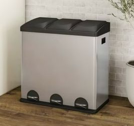 NEW Step Lid Garbage Bin, 16 Gallon Stainless Steel 3 Compartment Recycle Step Lid Garbage Bin, Garbage Can !