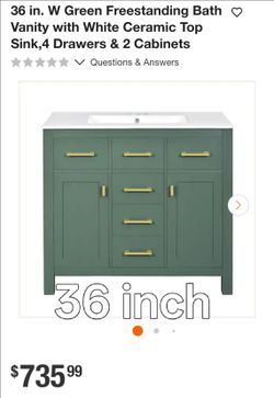 36 in. W Green Freestanding Bath Vanity with White Ceramic Top Sink,4 Drawers & 2 Cabinets