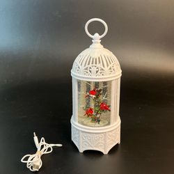 Kurt Adler Cardinals In Water Bird Cage Swirl LED 10" Christmas Glitter Lantern