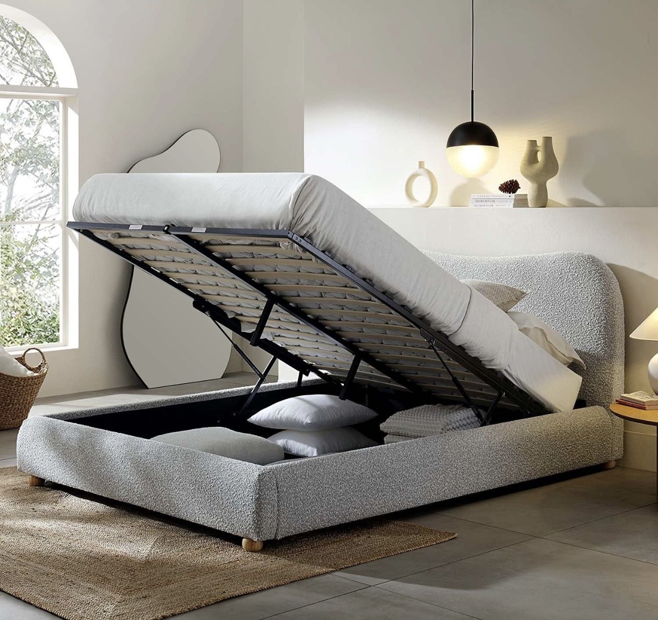 Full size Egerie Curved Headboard Mist Gray Boucle Ottoman Storage Bed