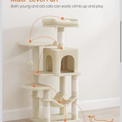 Cat Tree, 44.1-Inch Cat Tower for Indoor Cats, Multi-Level Cat Condo with 4 Scratching Posts, 2 Perches, Hammock, Cave, Beige UPCT261M01