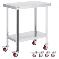 Stainless Steel Work Table 30 x 18 x 34 Inch, 700 LBS Load Capacity with 4 Wheels, 3 Adjustable Height Levels, Heavy Duty Food Prep Worktable for Comm