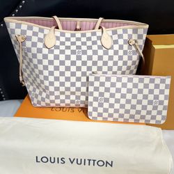 New Louis Vuitton Damier Azur Pink Interior MM Neverfull Handbag 