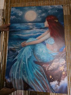 Large Mermaid Moon Ocean Canvas Wall Art – 24" x 36"