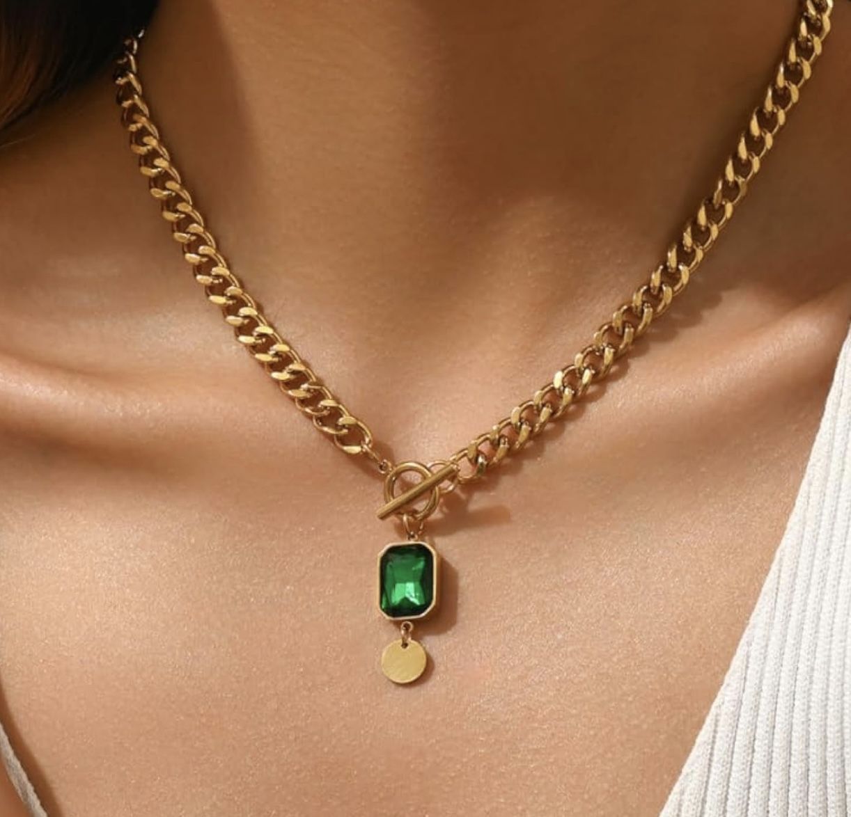NEW 18K Gold Plated Chunky Chain Necklace for Women Thick Cuban Curb Chain Green Gemstone Pendant Toggle Necklace Dainty Layering Gold Chain Trendy Je