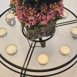 Estate Sale Vintage MCM Decorative Wrought Metal Scroll Stand Vase Glass Top Tea Light Candle Holder Decor