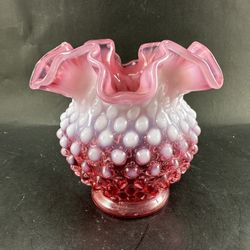 VTG FENTON Hobnail Cranberry Opalescent Ruffle Vase  