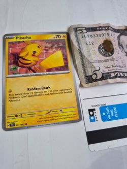 Pikachu 051/162 Temporal Forces Pokemon Card, Half of $5 and Vintage Bart Ticket. Make me offer!!!