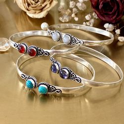 CHRISTMAS SPECIAL rainbow moonstone, Garnet,Turquoise & Amethyst 925 sterling Silver Overlay Bangles