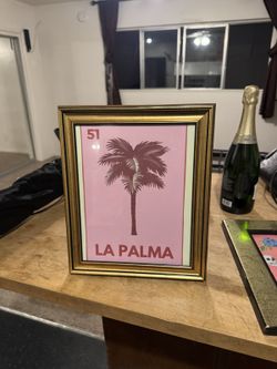 La Palma Loteria Art Print #51 - Pink Palm Tree in Gold Frame