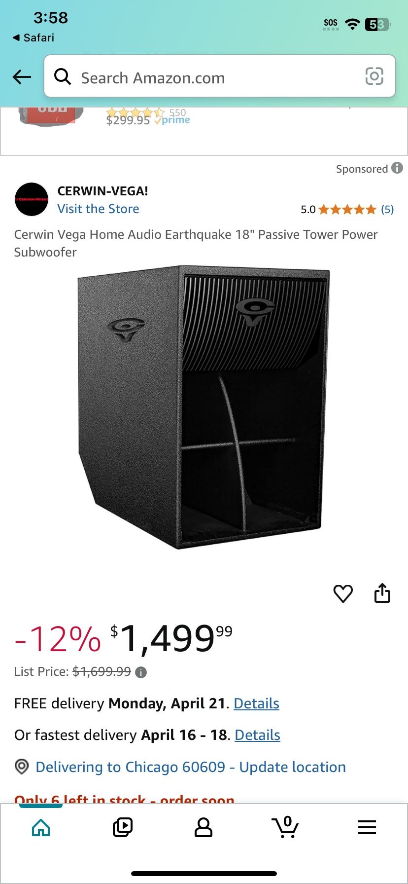 Cerwin Vega Home Audio Earthquake 18" Passive Tower Power Subwoofer