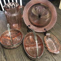 5 Pieces Vintage Pink Depression Glass - Relish Dish, Plate, Pitcher, Divided Trays In Silver Holders