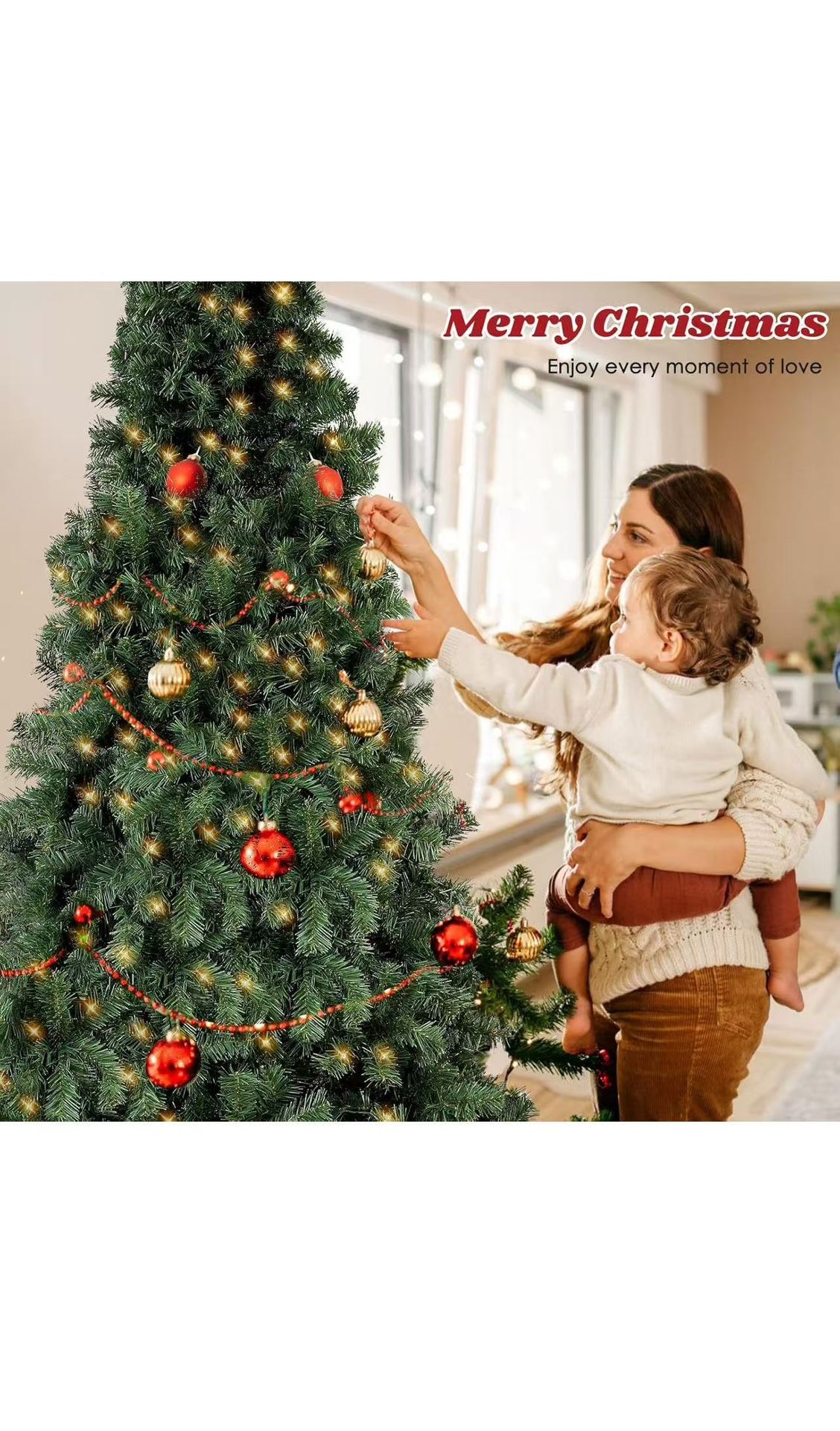 8ft Pre-Lit Artificial Holiday Christmas Spruce Tree for Home, Office, Party Decoration 750-Branch&250 Warm White Lights Tips, Easy Assembly, Metal 