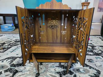 Wooden Pooja Mandir Temple for Home with LED Light, Storage Cabinets and Wall Mounts, Decorative Carved Doors with Om Symbol, Brown Finish, 17.3 x 11