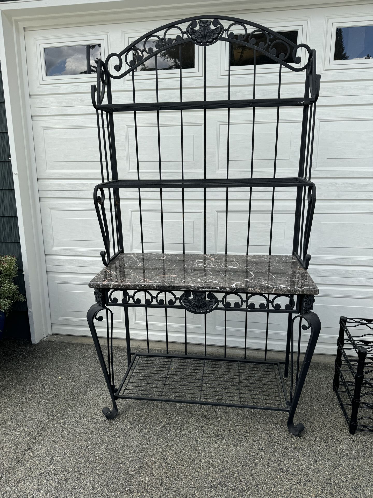 Bakers Rack: Cast Iron, Marble Table Top