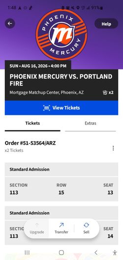 August 16th Phoenix Mercury Tickets against Portland Fire Diana Taurasi Day