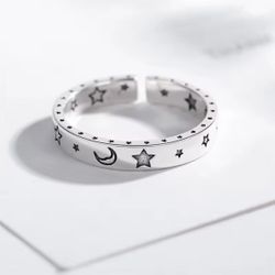 .925 Sterling Silver Moon & Stars Adjustable Ring by One Lucky Wish
