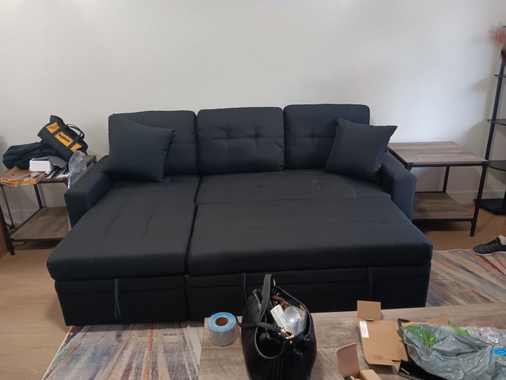 Black Linen Sectional Sofa W/storage Chaise And Pullout Bed