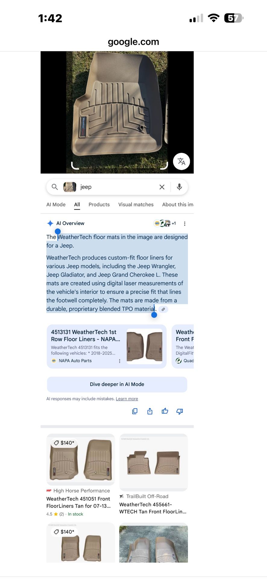 WeatherTech floor mats in the image are designed for a Jeep. WeatherTech produces custom-fit floor liners for various Jeep models, including the Jeep