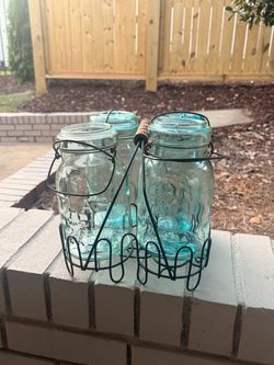 Vintage Aqua Blue Mason Jars in Wire Carrier