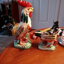 1940s50s Chase Porcelain Figurines Chicken Hen& Rooster Hand Painted China!!! OBO!!! 