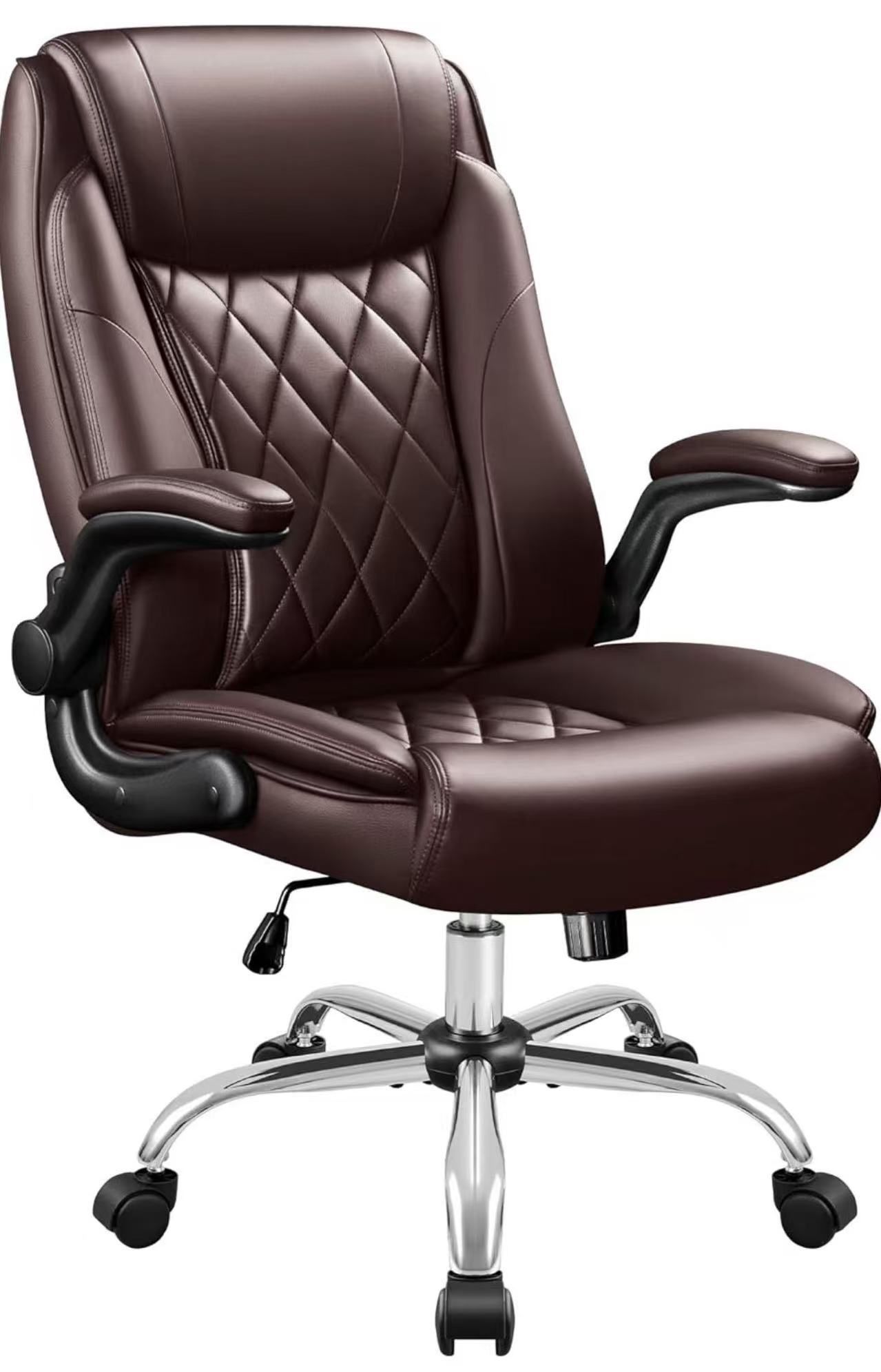 Executive Office Chair, Ergonomic High Back with Adjustable Flip-up Armrest, Swivel Leather-Papped Seats with Lumbar Support, Brown