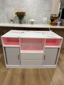 Kitchen Island with Storage, Drawers, LED Lights & Power Outlet – White Marble Top