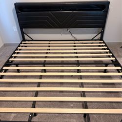 King Size Bed Frame w/ LED Lights, Outlets & Storage – Great Condition