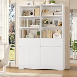 69"H Modern Bookcases with Doors & Drawers, Large Wooden Display Shelf for Home Office, Wooden Storage Bookshelf for Living Room, White