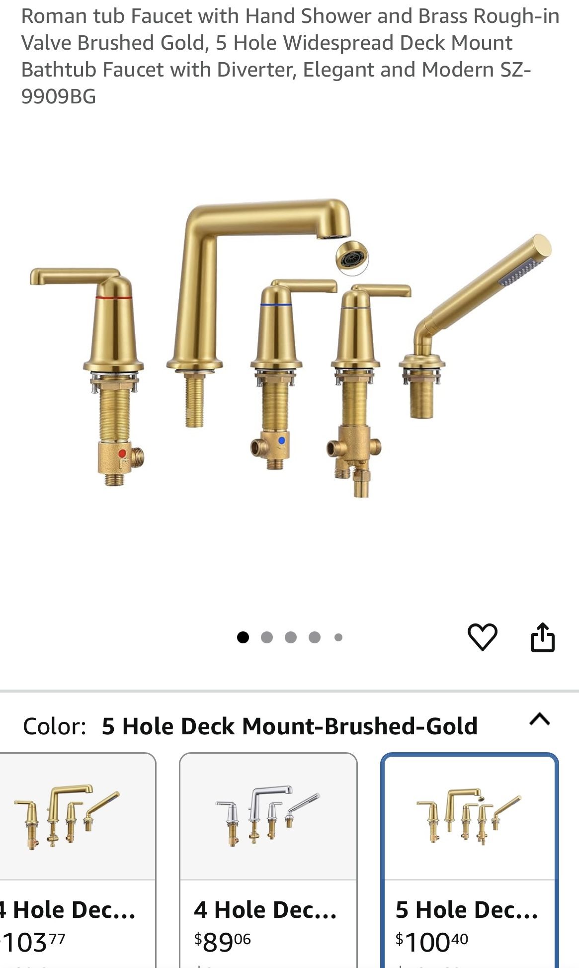 Roman tub Faucet with Hand Shower and Brass Rough-in Valve Brushed Gold, 5 Hole Widespread Deck Mount Bathtub Faucet with Diverter, Elegant and Modern